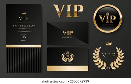 VIP invitation card, banner or flyer with golden elements on black background. Minimalistic Luxury premium design set for event invite, celebration party, formal reception.