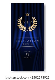 VIP invitation card, banner or flyer with golden elements and blue curtain. Luxury premium design set for event invite, celebration party, formal reception.