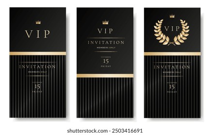 VIP invitation card, banner or flyer with golden elements on black background. Luxury premium design set for event invite, celebration party, formal reception.