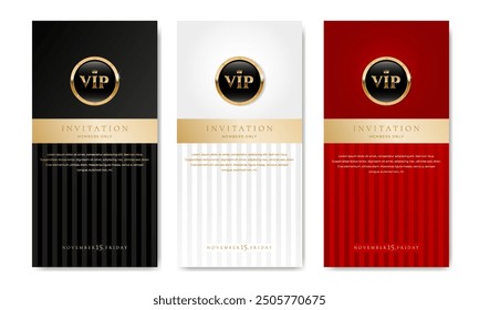 VIP invitation card, banner or flyer with golden elements on black, white and red background. Luxury premium design set for event invite, celebration party, formal reception.