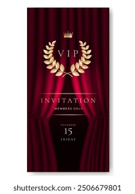 VIP invitation card, banner or flyer with golden elements and red curtain. Luxury premium design set for event invite, celebration party, formal reception.	