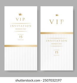 VIP-Einladungskarte, Banner oder Flyer mit goldenen Elementen auf weißem Hintergrund. Luxuriöses Premium-Design-Set für Veranstaltungseinladung, Feier, formellen Empfang.	
