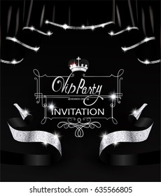 Vip invitation card with black curtains with silver sparkling rim. Vector illustration