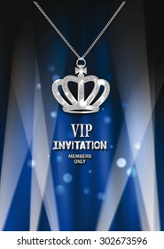 VIP invitation card with crown, spotlights and blue curtains