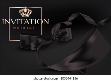 VIP invitation card with elegant black ribbon and gold frame. Vector illustration