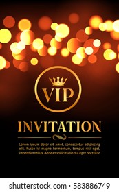 VIP invitation card with gold and bokeh glowing background. Premium luxury elegant design