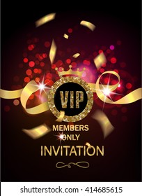 VIP invitation card with gold confetti and ribbon and glowing background