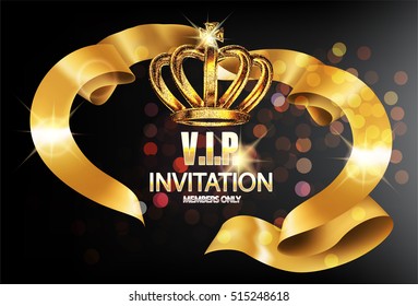 VIP invitation card with gold curly satin ribbon and crown. Vector illustration