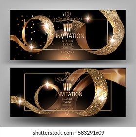 VIP Invitation card with gold curly textured ribbons. Vector illustration