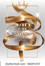 VIP Invitation card with gold curly ribbons. Vector illustration