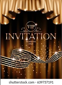 VIP invitation card with gold curtains on the background and striped ribbon. Vector illustration