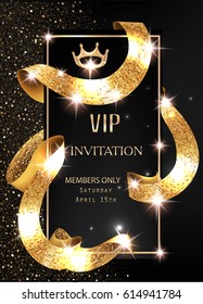 VIP invitation card with gold shiny sparkling curly ribbon. Vector illustration