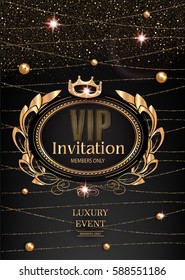 Tarjeta de invitación VIP con cuerdas de oro, cuentas y fondo de marco vintage. Ilustración vectorial
