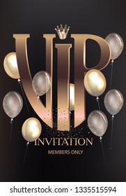VIP invitation card with golden air balloons and calligraphy lettering. Vector illustration