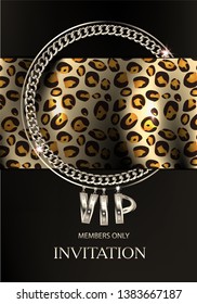 Vip invitation card with golden elements and ainam print fabric. Vector illustration