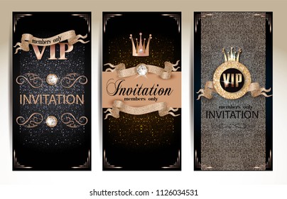 VIP invitation card with golden sparkling ribbons, beautiful crowns and background with circle pattern. Vector illustration
