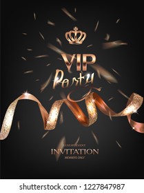 VIP invitation card with realistic beautiful curly gold ribbon and confetti. Vector illustration 