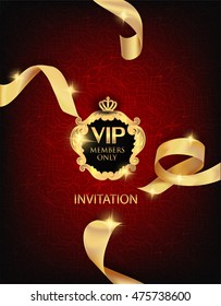 vip invitation card with realistic shiny silk gold ribbons. Vector illustration