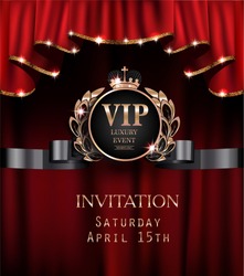 Vip Invitation Card With Red Curtains With Gold Sparkling Rim. Vector Illustration