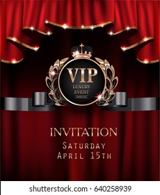 Vip invitation card with red curtains with gold sparkling rim. Vector illustration