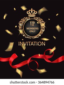 VIP invitation card with red ribbon and gold confetti