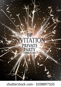 VIP invitation card with serpantine and sparks on the background. Vector illustration