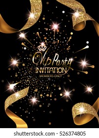 VIP invitation card with silk textured curled gold ribbons. Vector illustration
