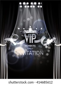 VIP invitation card with silver theater curtains and spotlights on the background