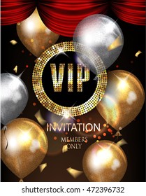 VIP invitation card with sparkling gold air balloons and confetti. Vector illustration