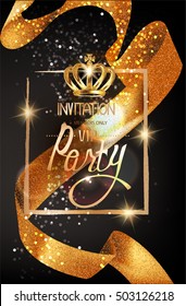 VIP Invitation Card With Sparkling Gold Curly Ribbon, Frame And Crown. Vector Illustration