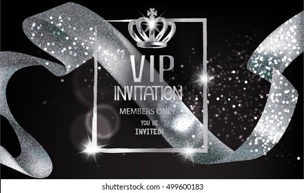 VIP Invitation card with sparkling silver curly ribbon, frame and crown. Vector illustration