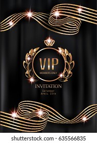 VIP invitation card with striped curly ribbons, vintage frame and black curtains on the background. Vector illustration