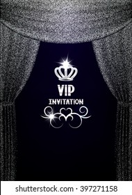 VIP invitation card with textured sparkling silver curtains