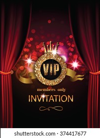 VIP invitation card with theater curtains and lights on the background