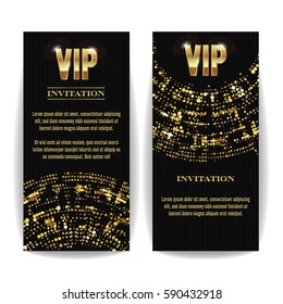 VIP Einladungskarte Vektor. Party Premium Blank Poster Flyer. Schwarze goldene Designvorlage. Dekorativer Vorlagenhintergrund. Mosaikfadenbriefe.
