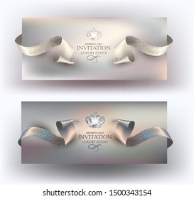 VIP invitation cards with cut sparkling ribbons. Vector illustration