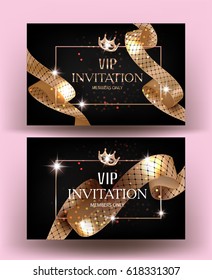 VIP invitation cards with gold curly ribbons with pattern. Vector illustration