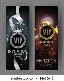 VIP invitation cards with gold and silver ribbons and glowing background