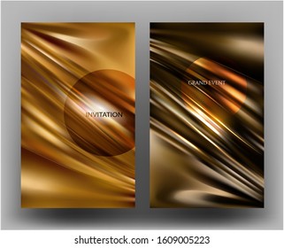 Vip invitation cards with pleated gold metallic fabric. Vector illustration