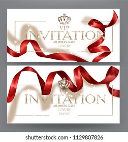 VIP invitation cards with red silk curly ribbons and golden design elements. Vector illustration