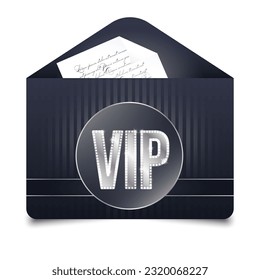VIP invitation design. Envelope inscription silver VIP with paper inside. Isolated on white background. Vector illustration