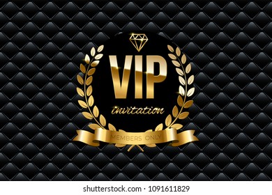 VIP invitation design template. Vector golden ribbon and VIP invitation text on black luxury background.