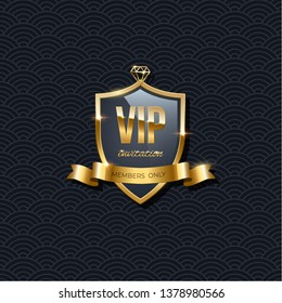 VIP invitation design template. Vector golden shield with ribbon and VIP invitation text on dark luxury background