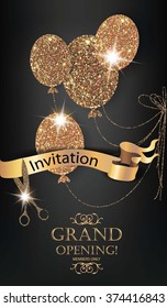 VIP invitation gold card with gold air balloons, ribbon and scissors