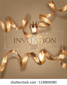 VIP invitation gold card sparkling ribbons and crown. Vector illustration