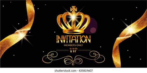 Vip Invitation Gold Card With Sparkling Ribbons And Crown. Vector Illustration