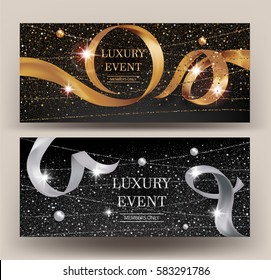 VIP Invitation gold and silver banners with sparkling strings, beads and curly ribbons. Vector illustration