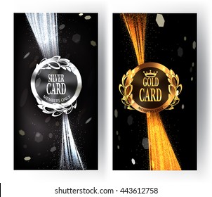 Vip invitation gold and silver card with sparkling ribbons. Vector illustration