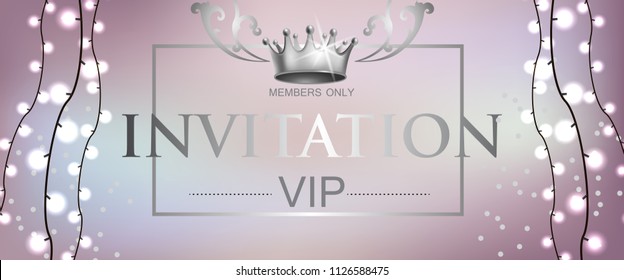 VIP invitation lettering with light garland. Party invitation design. Typed text, calligraphy. For leaflets, labels, invitations, posters or banners.