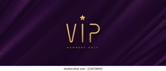 VIP invitation template with 3d golden letters. Realistic golden metal VIP sign on a deep violet background. Premium design banner. Vector illustration.